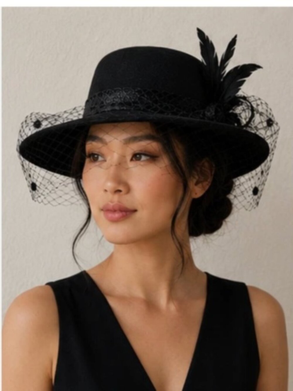Black Wool Felt Wide Brim Bowler Hat With Net Veil & Floral Derby 23" Party